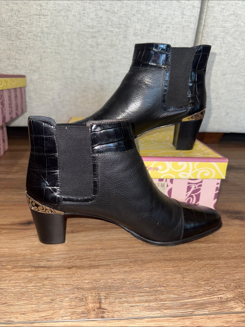 Brighton Tempo Black Leather Ankle Booties Napa and Croc. NEW!